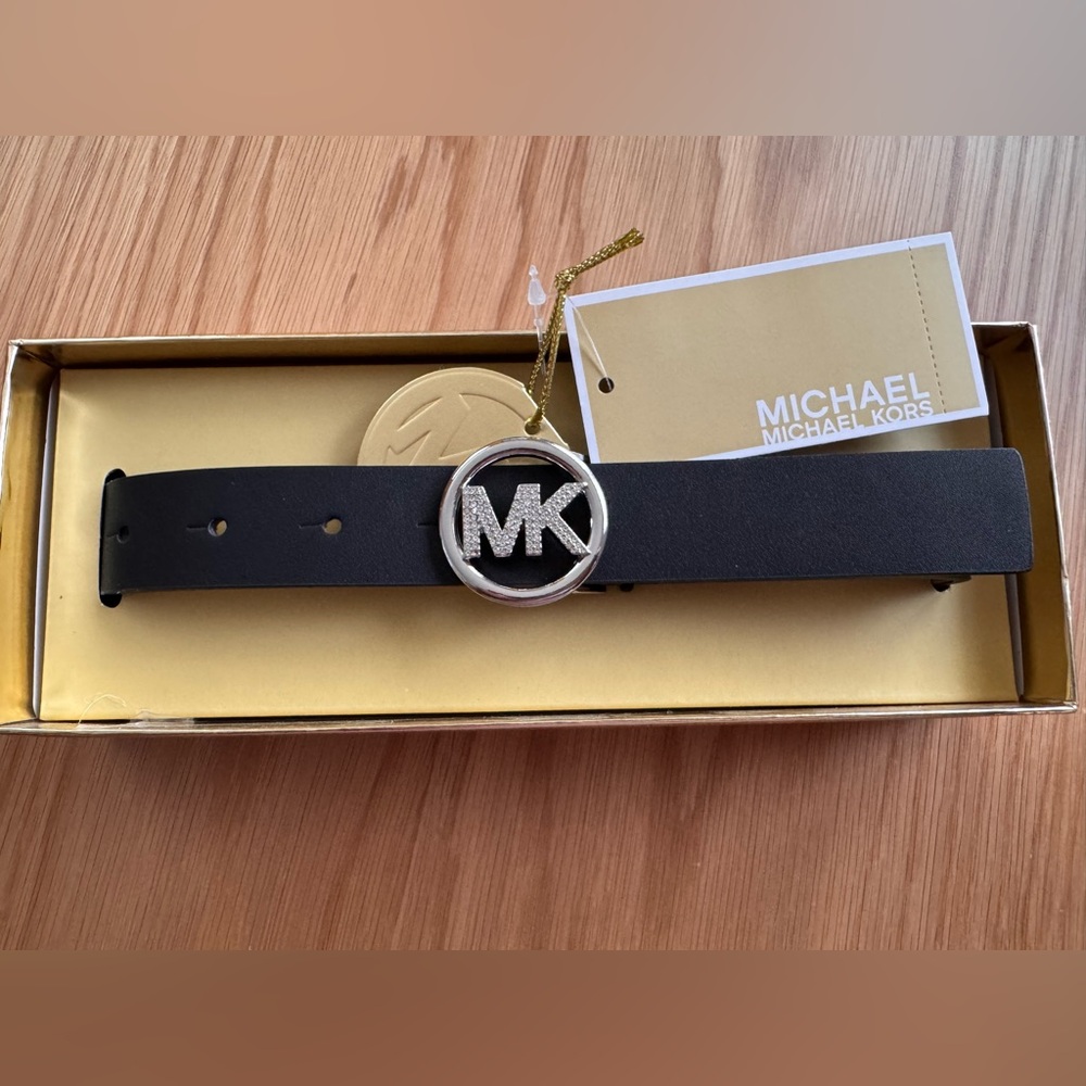Michael Kors Black Belt with Silver Rhinestone MK Emblem